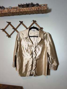 NWT Pursuits, Ltd. Gold 100% Silk Ruffle Front Blouse Size XL